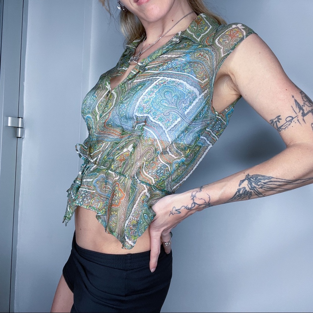 Prada green paisley sleeveless blouse